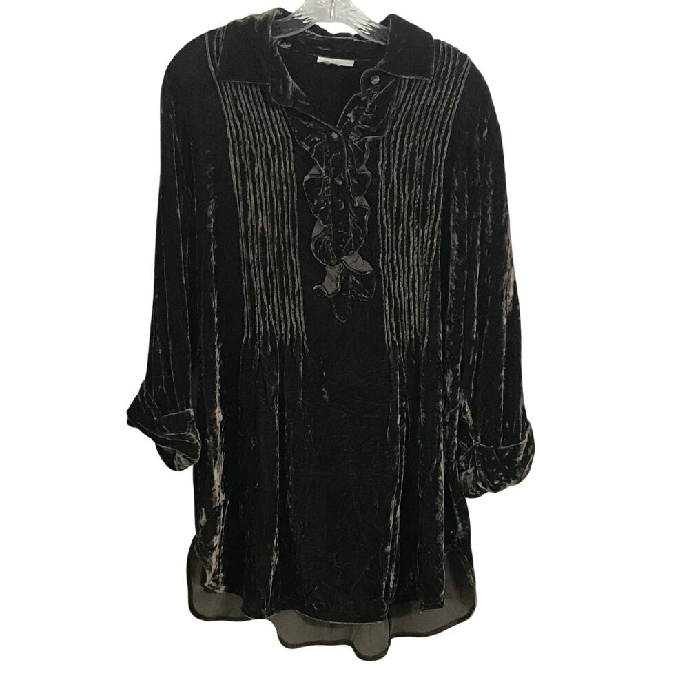 Soft Surroundings Blouse Tunic Large Womens Brown Crushed Velvet Ruffle Buttons